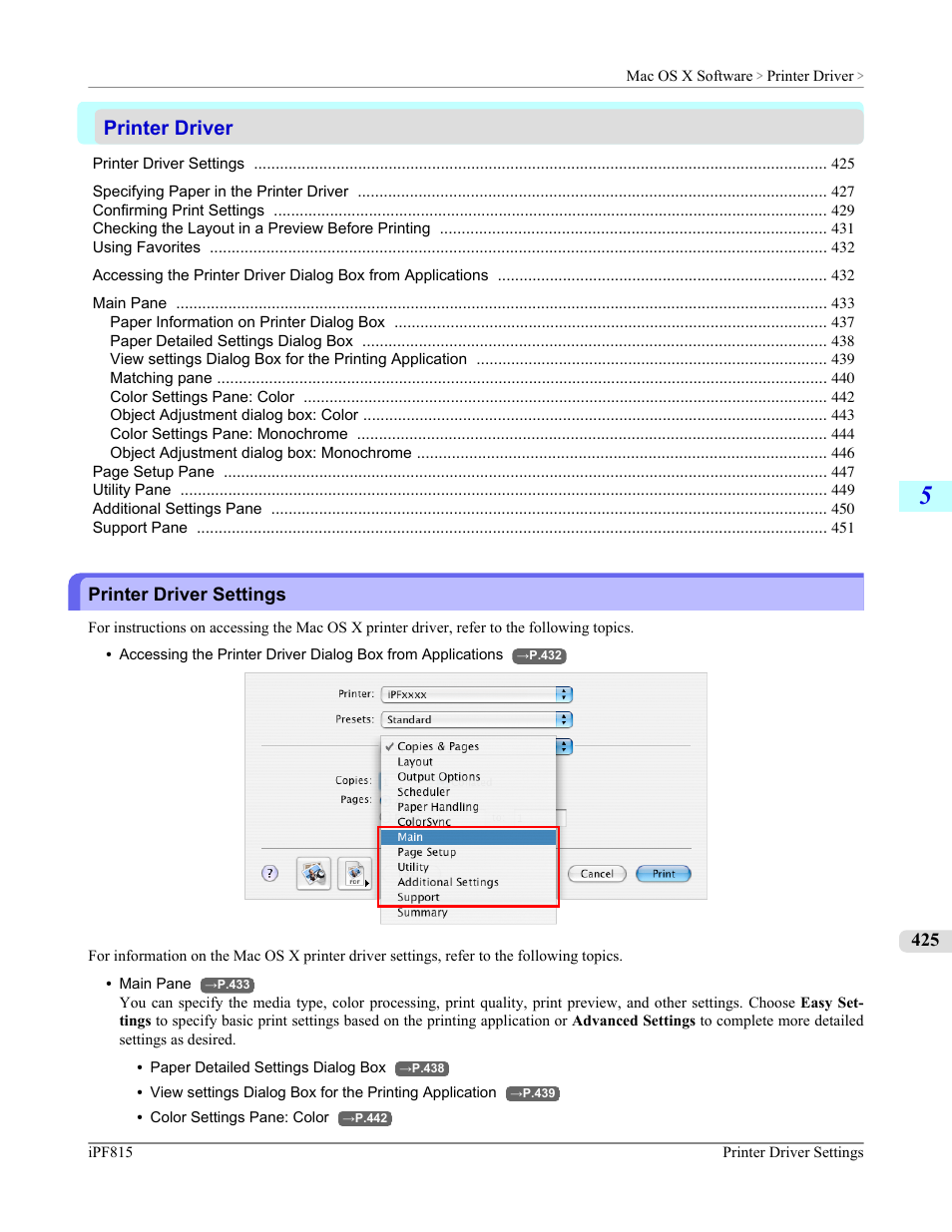 Printer driver, Printer driver settings, P.425 | Canon imagePROGRAF iPF815 User Manual | Page 441 / 960