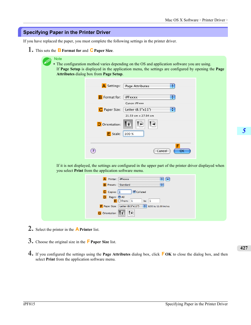 Specifying paper in the printer driver, Specifying paper in the printer driver (mac os x), P.427 | Canon imagePROGRAF iPF815 User Manual | Page 443 / 960