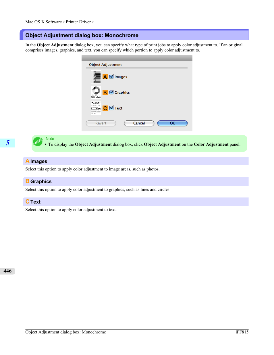 Object adjustment dialog box: monochrome, P.446 | Canon imagePROGRAF iPF815 User Manual | Page 462 / 960