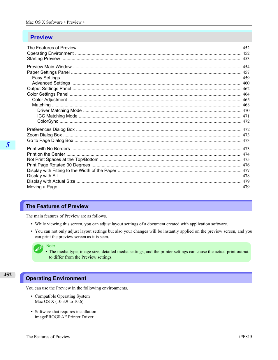 Preview, The features of preview, Operating environment | The features of preview operating environment, P.452 | Canon imagePROGRAF iPF815 User Manual | Page 468 / 960
