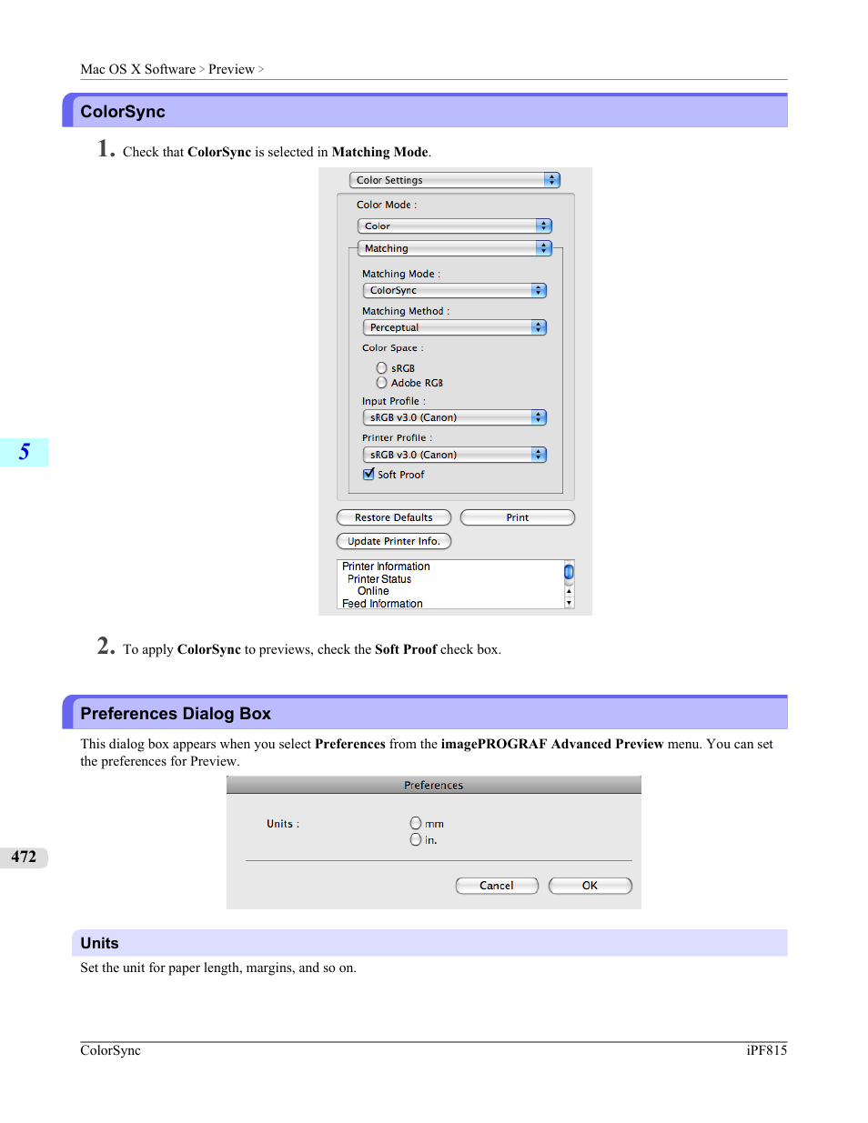 Colorsync, Preferences dialog box, P.472 | Canon imagePROGRAF iPF815 User Manual | Page 488 / 960