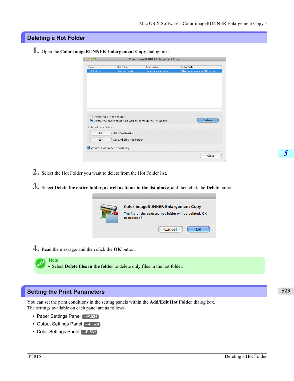 Deleting a hot folder, Setting the print parameters, Deleting a hot folder setting the print parameters | Canon imagePROGRAF iPF815 User Manual | Page 539 / 960
