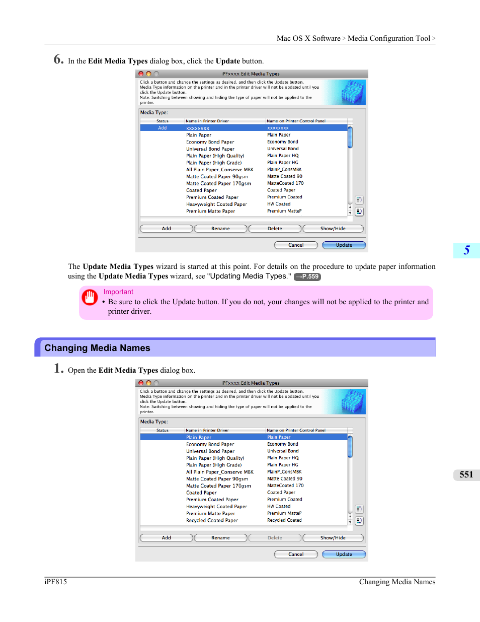 Changing media names, P.551 | Canon imagePROGRAF iPF815 User Manual | Page 567 / 960