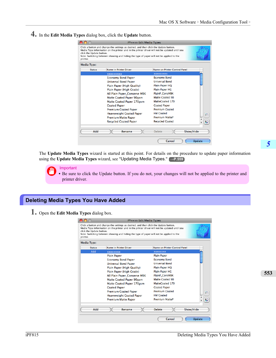 Deleting media types you have added, P.553 | Canon imagePROGRAF iPF815 User Manual | Page 569 / 960