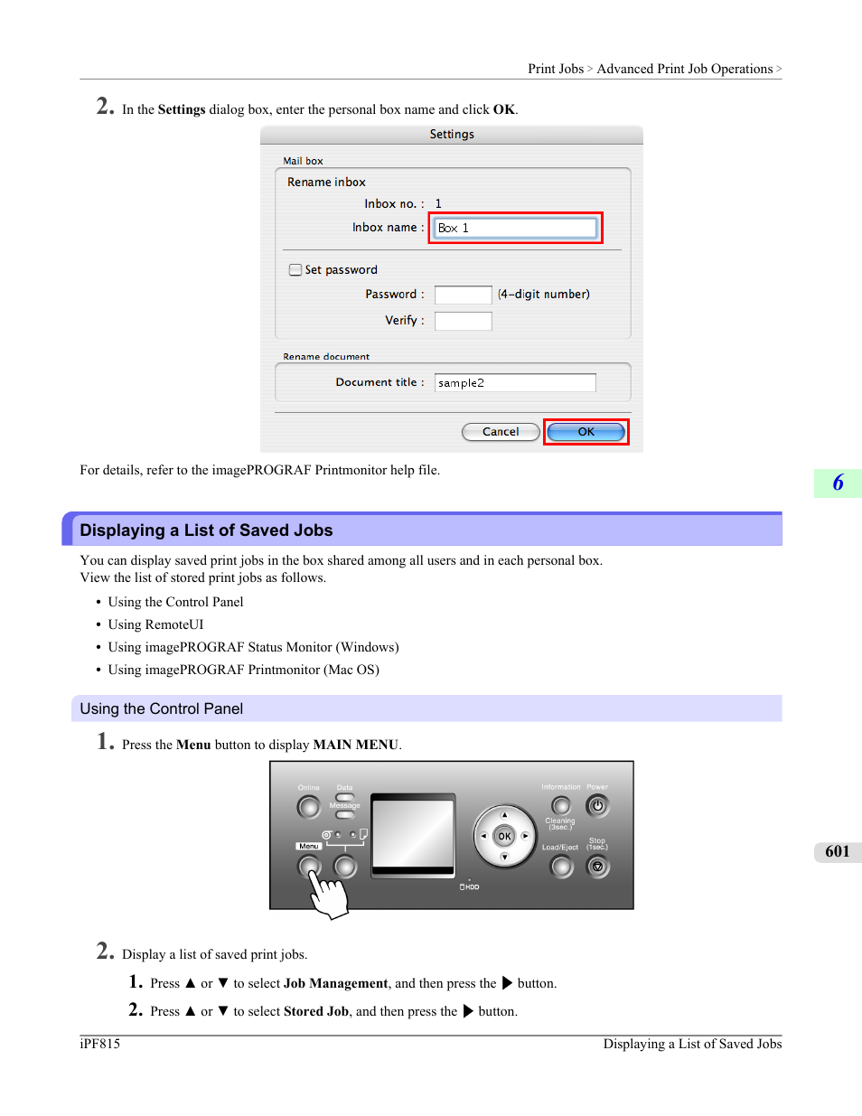 Displaying a list of saved jobs | Canon imagePROGRAF iPF815 User Manual | Page 617 / 960