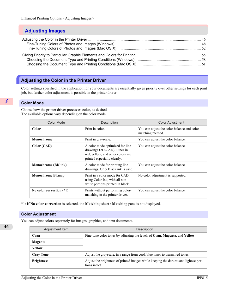 Adjusting images, Adjusting the color in the printer driver | Canon imagePROGRAF iPF815 User Manual | Page 62 / 960