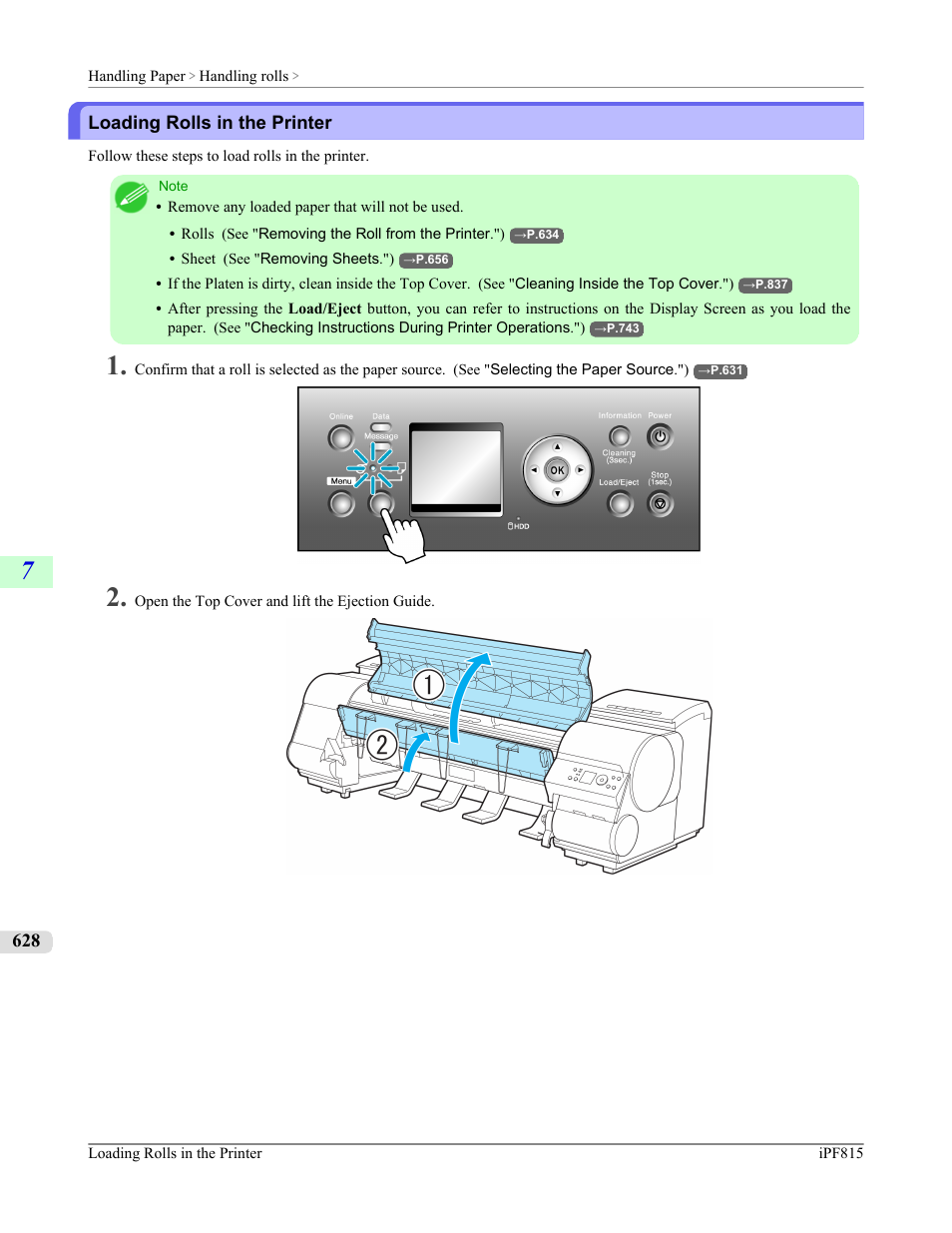 Loading rolls in the printer, See "loading rolls in the printer."), P.628 | Canon imagePROGRAF iPF815 User Manual | Page 644 / 960