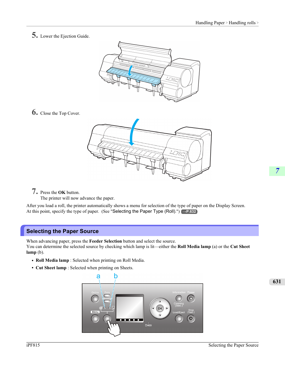 Selecting the paper source, P.631, See "selecting the paper source.") | Canon imagePROGRAF iPF815 User Manual | Page 647 / 960