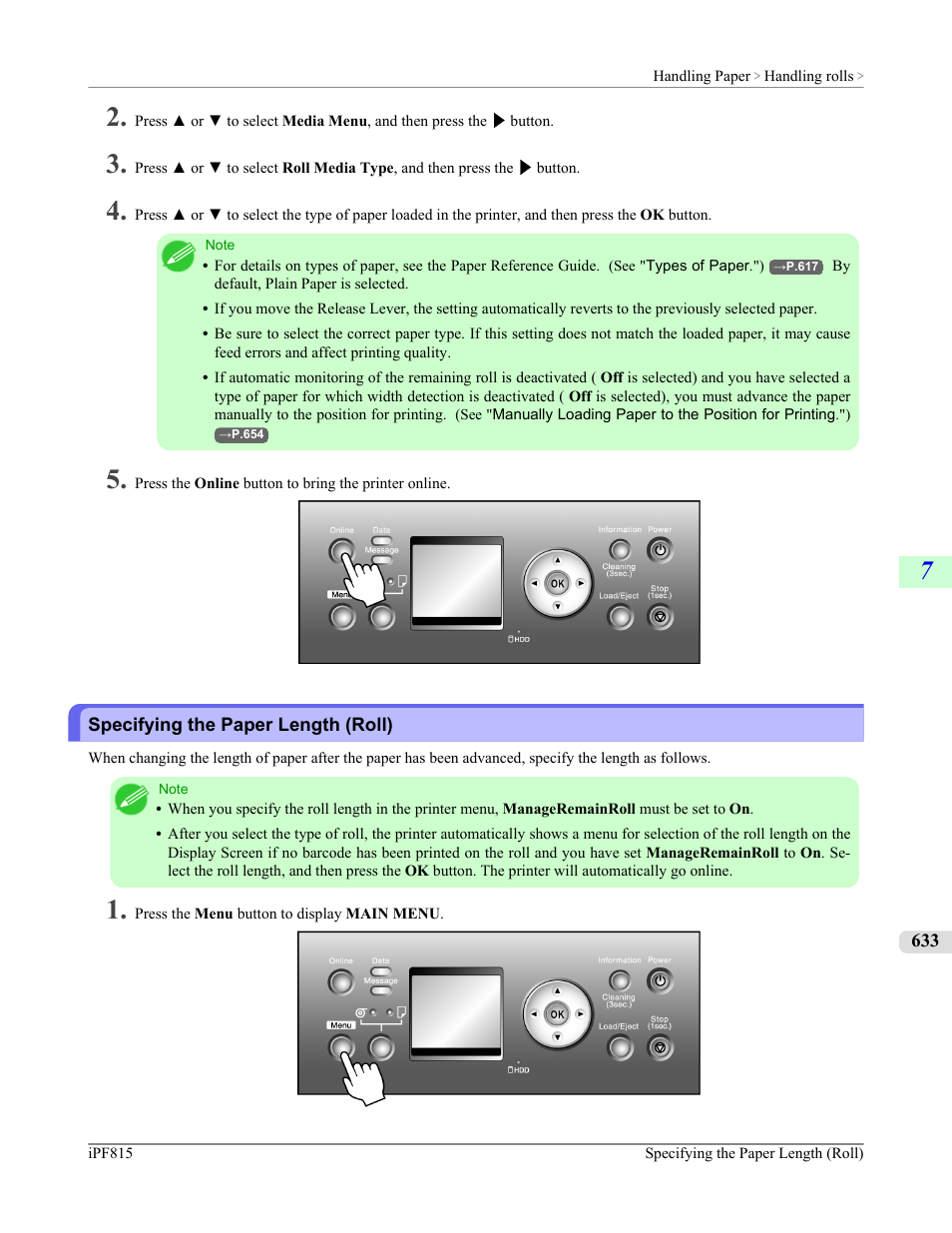 Specifying the paper length (roll), See "specifying the paper length (roll)."), P.633 | Canon imagePROGRAF iPF815 User Manual | Page 649 / 960
