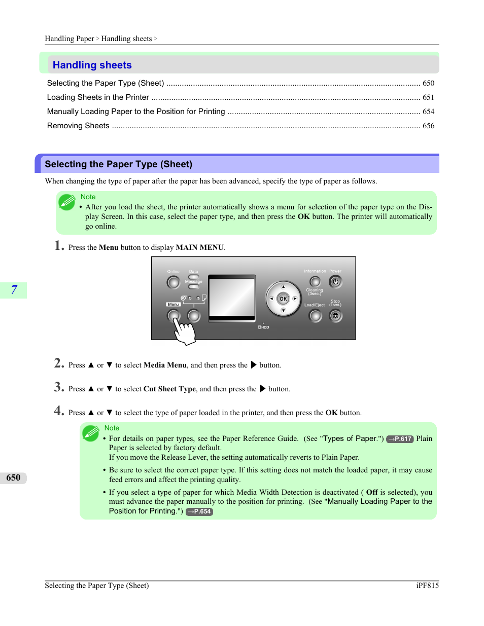 Handling sheets, Selecting the paper type (sheet), See "selecting the paper type (sheet).") | P.650 | Canon imagePROGRAF iPF815 User Manual | Page 666 / 960