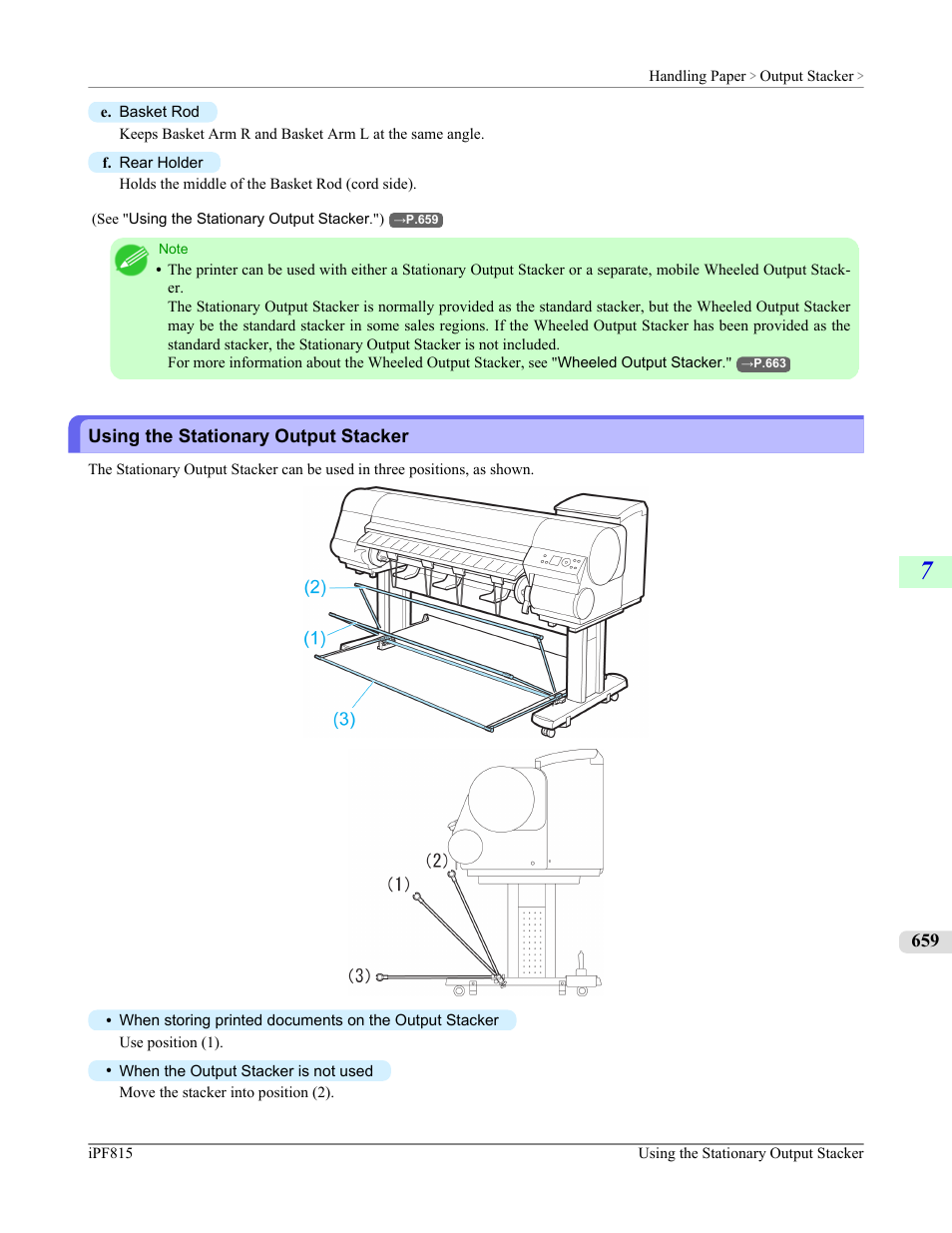 Using the stationary output stacker, P.659, See "using the stationary output stacker.") | Canon imagePROGRAF iPF815 User Manual | Page 675 / 960