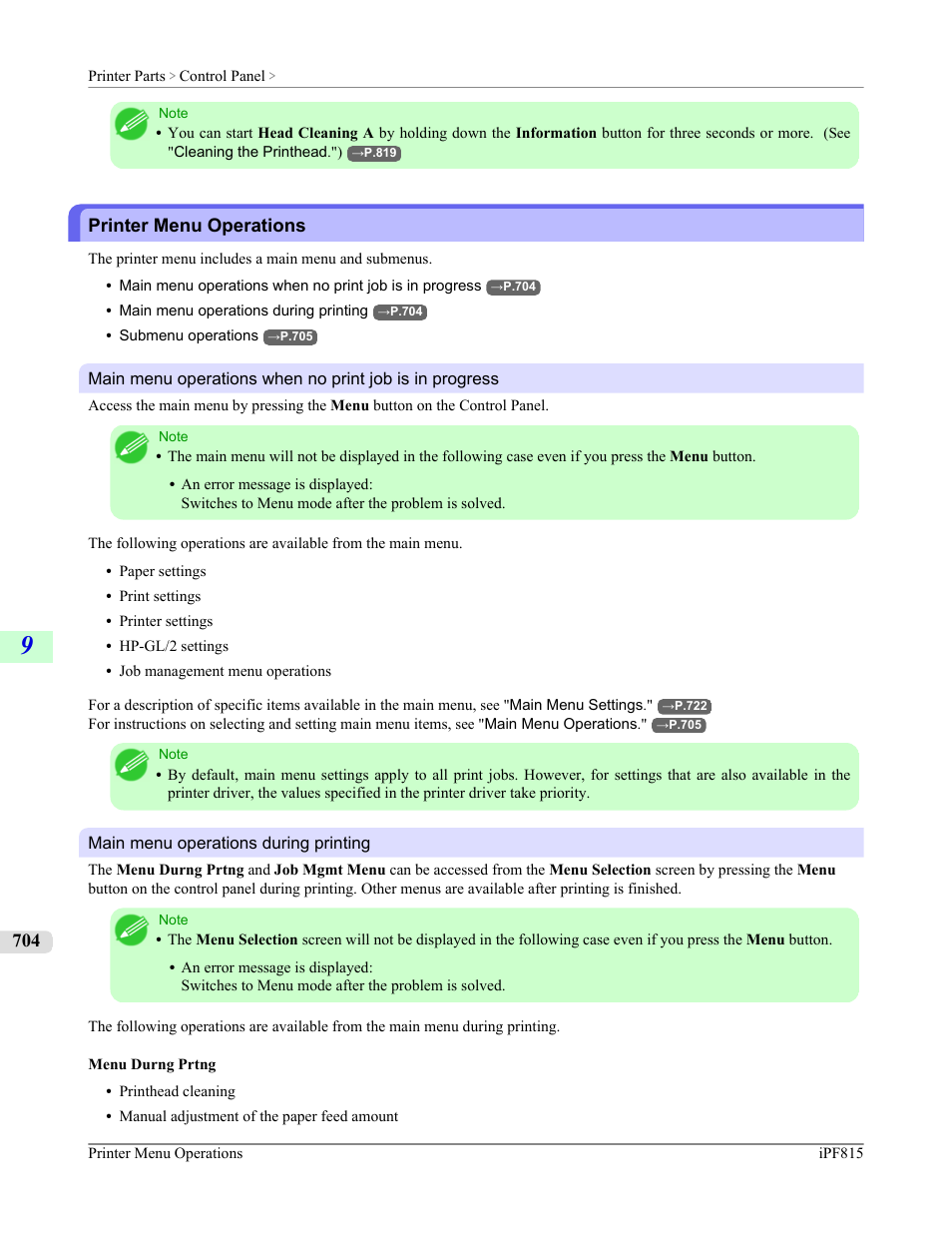 Printer menu operations | Canon imagePROGRAF iPF815 User Manual | Page 720 / 960