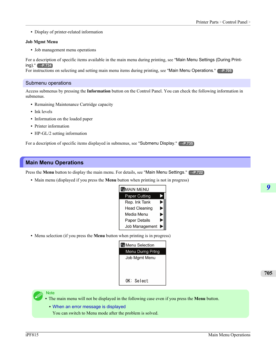 Main menu operations, See "main, Menu | Operations."), P.705, See "main menu operations."), Submenu operations | Canon imagePROGRAF iPF815 User Manual | Page 721 / 960