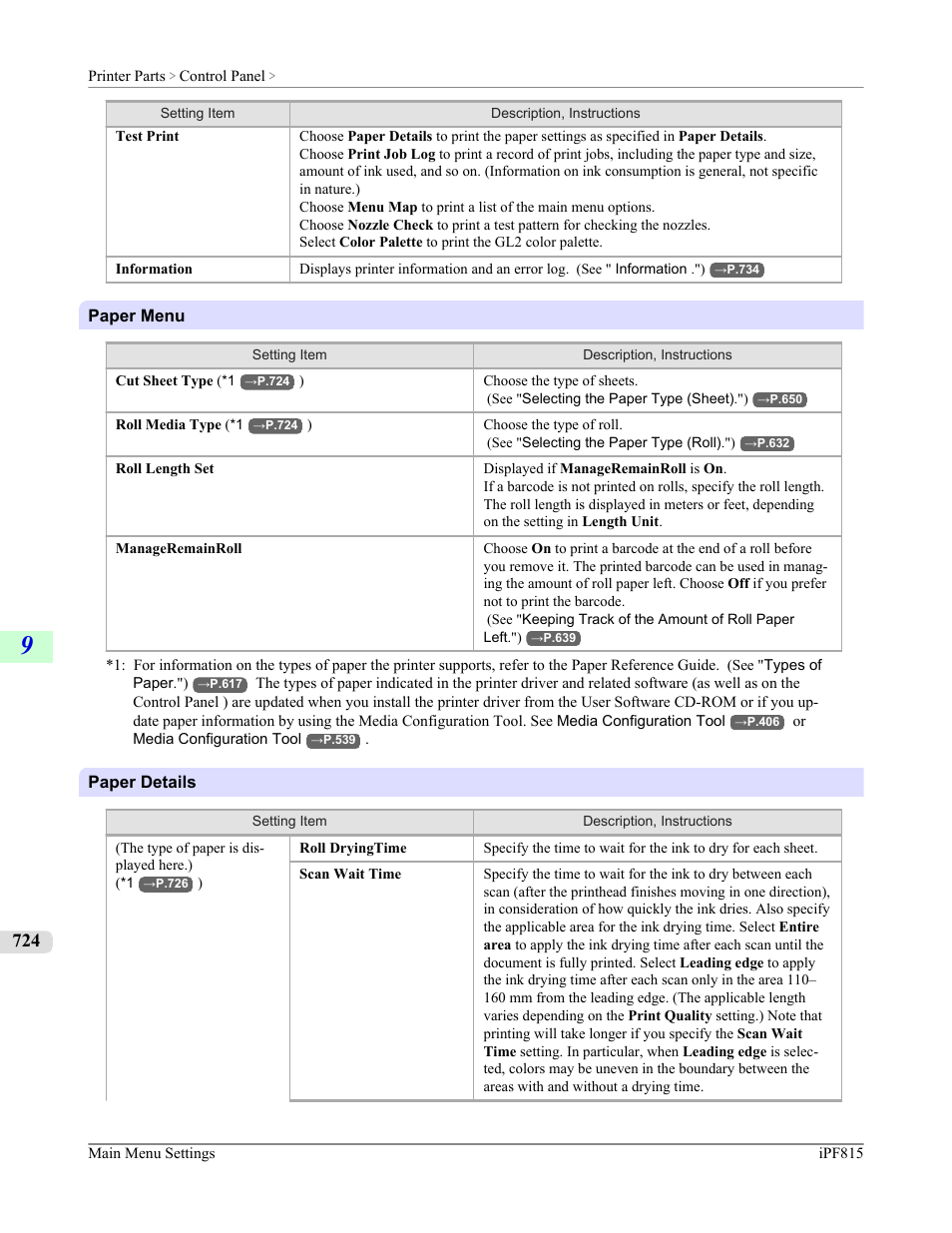 P.724, See " paper details .") | Canon imagePROGRAF iPF815 User Manual | Page 740 / 960