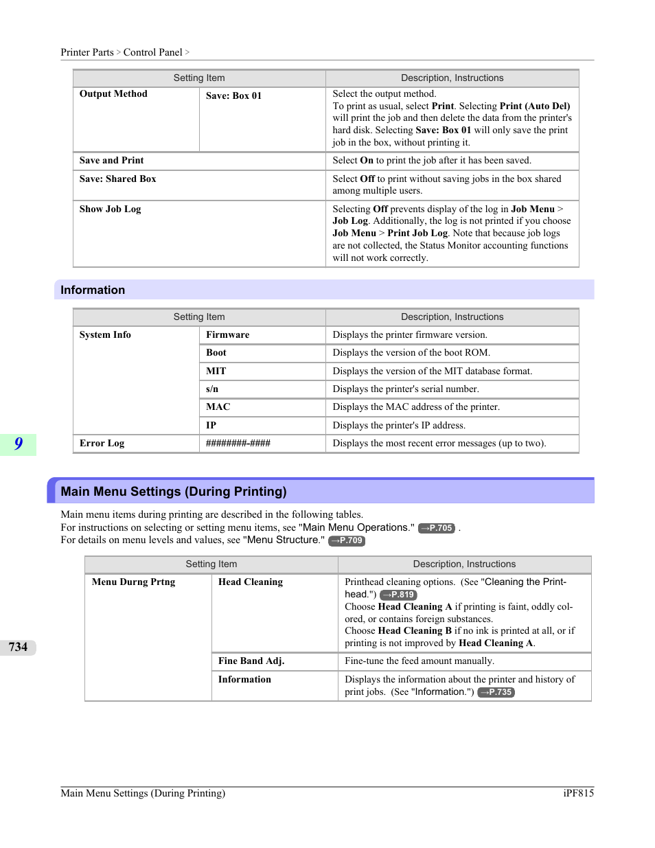Main menu settings (during printing), See "main menu settings (during printing)."), P.734 | Canon imagePROGRAF iPF815 User Manual | Page 750 / 960