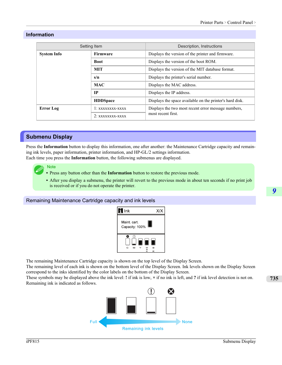Submenu display, See "submenu dis- play."), P.735 | See "submenu display, Print jobs. (see "information.") | Canon imagePROGRAF iPF815 User Manual | Page 751 / 960