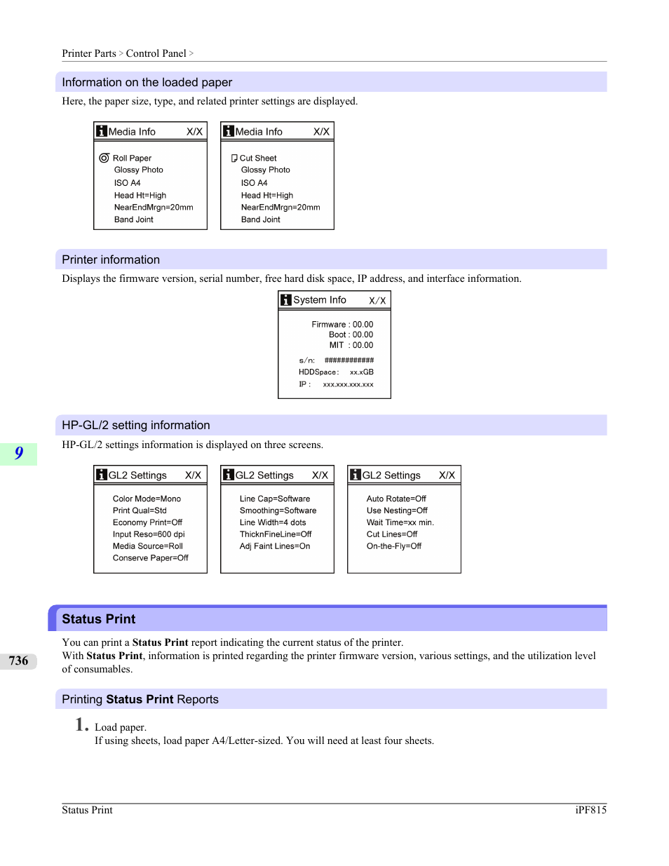 Status print | Canon imagePROGRAF iPF815 User Manual | Page 752 / 960