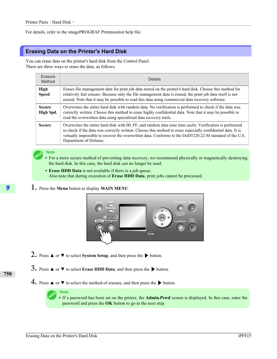 Erasing data on the printer's hard disk, P.750, See 