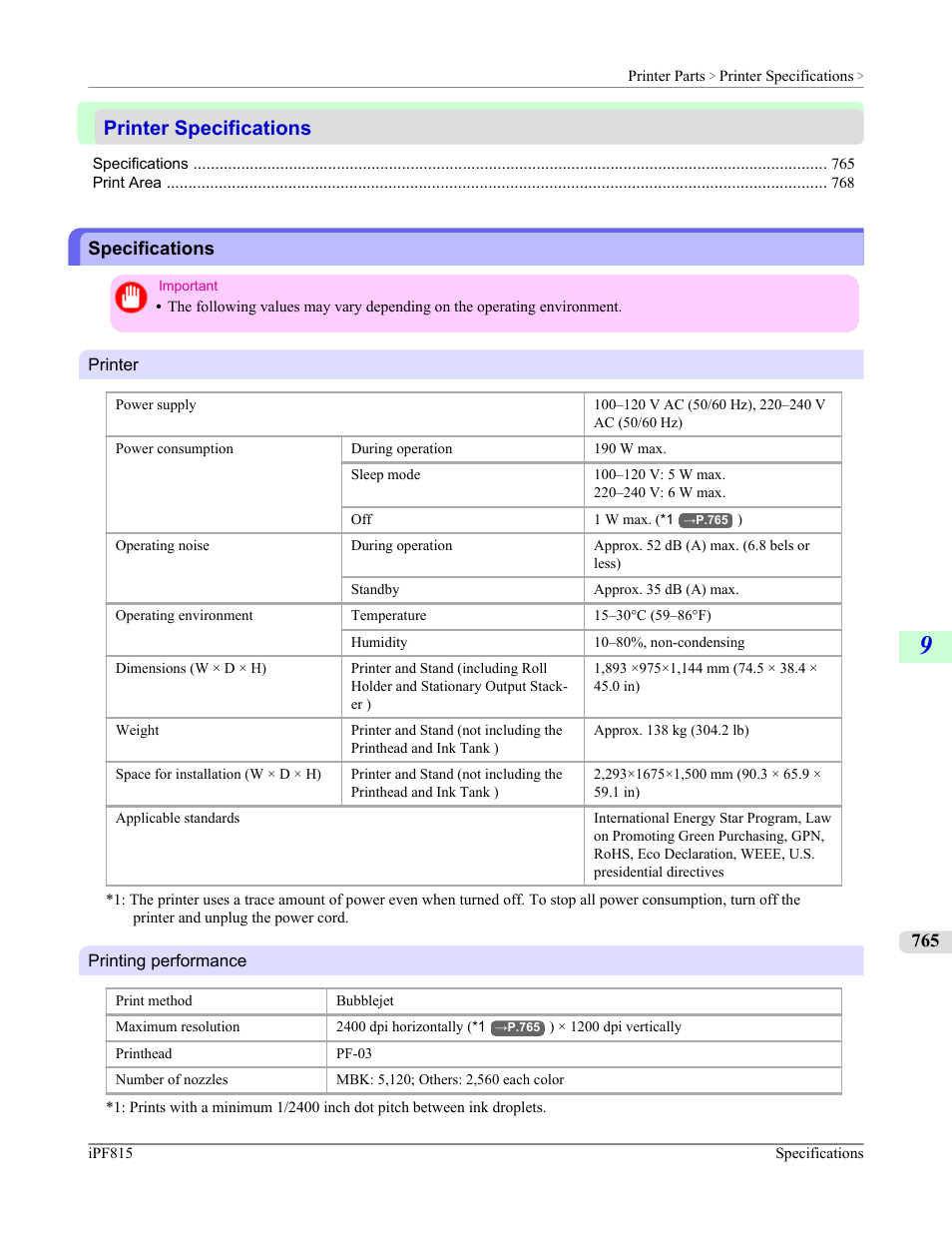 Printer specifications, Specifications | Canon imagePROGRAF iPF815 User Manual | Page 781 / 960