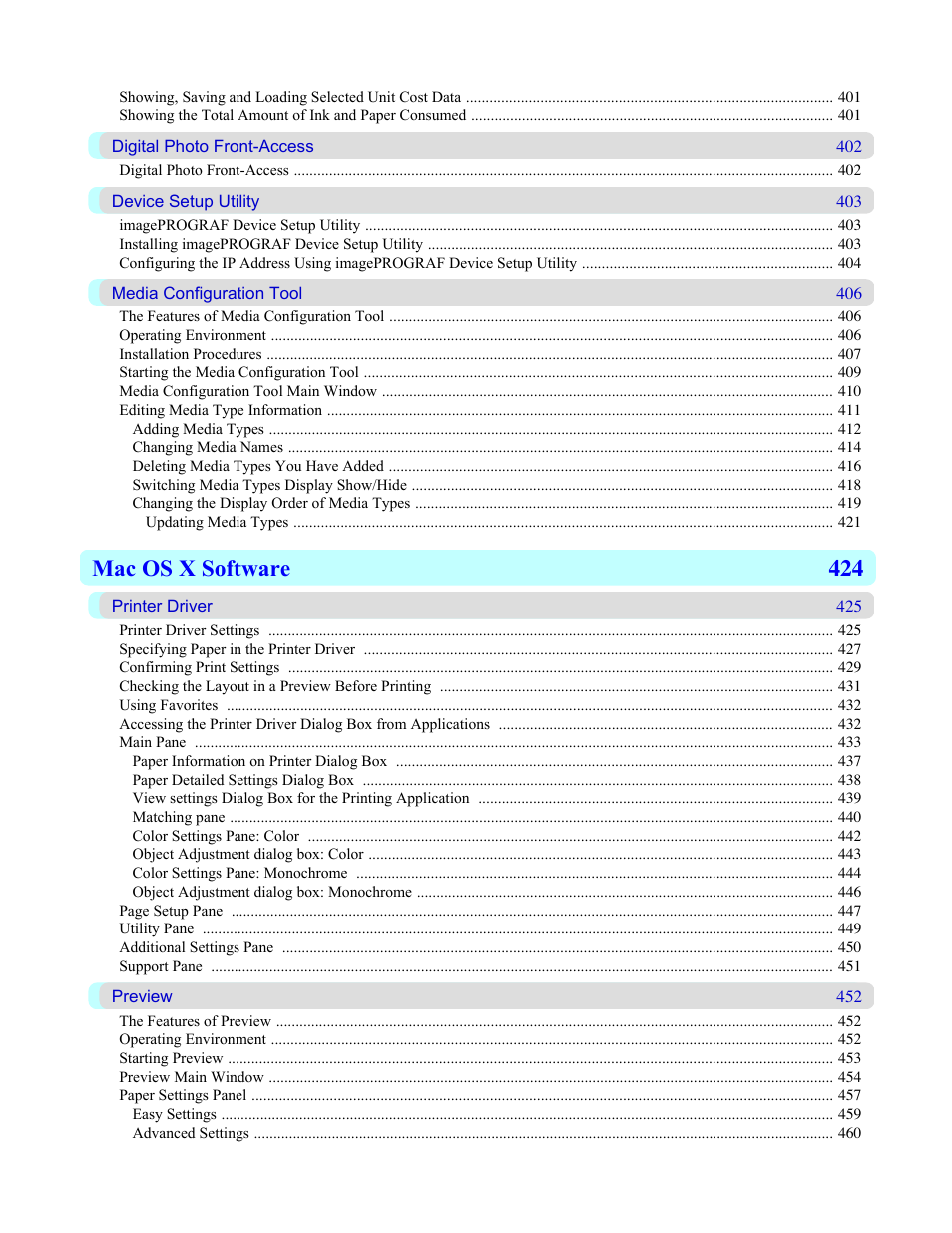 Mac os x software 424 | Canon imagePROGRAF iPF815 User Manual | Page 8 / 960