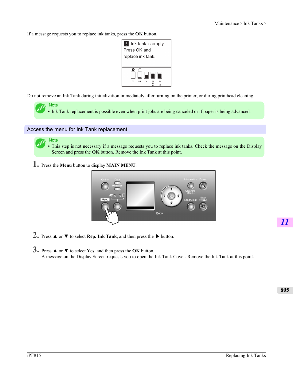 Access the menu for ink tank replacement, P.805 | Canon imagePROGRAF iPF815 User Manual | Page 821 / 960