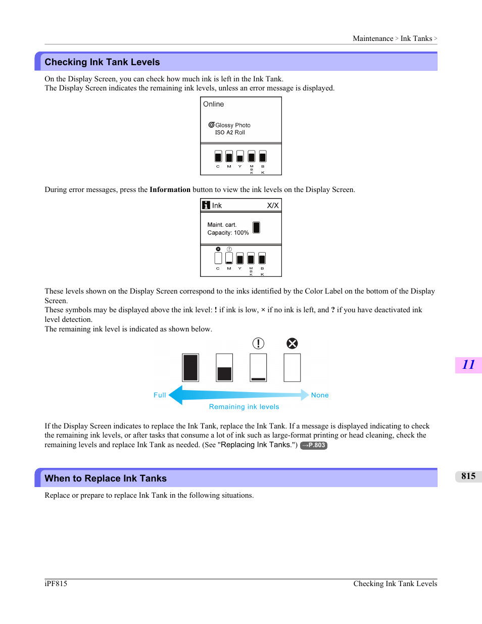 Checking ink tank levels, When to replace ink tanks, Checking ink tank levels when to replace ink tanks | See "checking ink tank levels."), P.815 | Canon imagePROGRAF iPF815 User Manual | Page 831 / 960