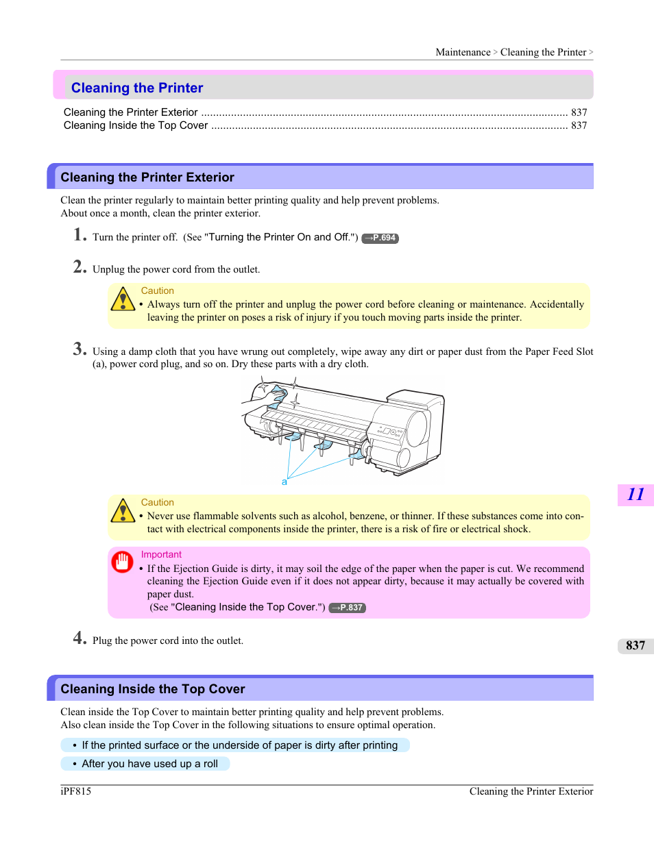 Cleaning the printer, Cleaning the printer exterior, Cleaning inside the top cover | See "cleaning inside the top cover."), P.837, See "cleaning inside the top cov, Er.") | Canon imagePROGRAF iPF815 User Manual | Page 853 / 960