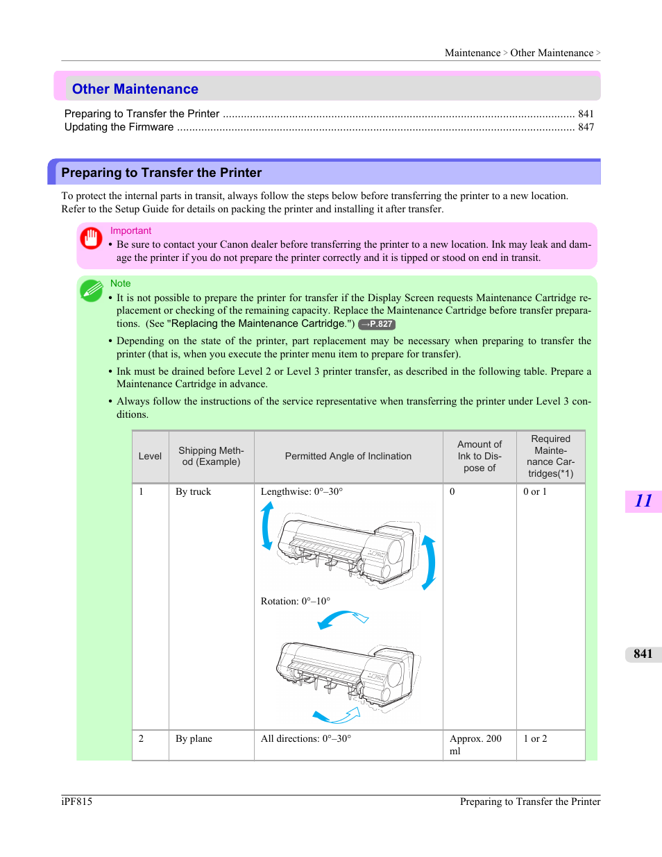 Other maintenance, Preparing to transfer the printer, See "pre- paring to transfer the printer.") | P.841 | Canon imagePROGRAF iPF815 User Manual | Page 857 / 960