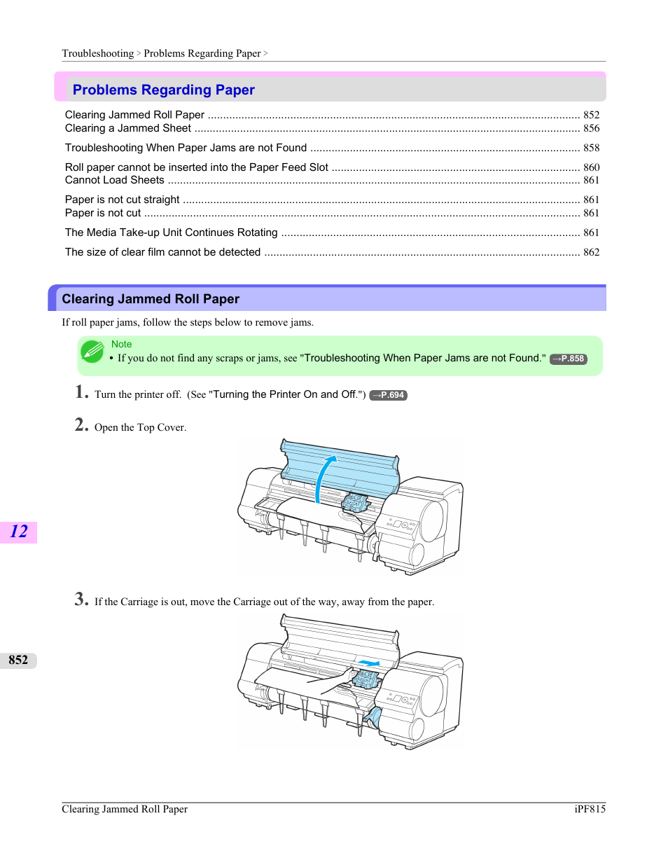 Problems regarding paper, Clearing jammed roll paper | Canon imagePROGRAF iPF815 User Manual | Page 868 / 960
