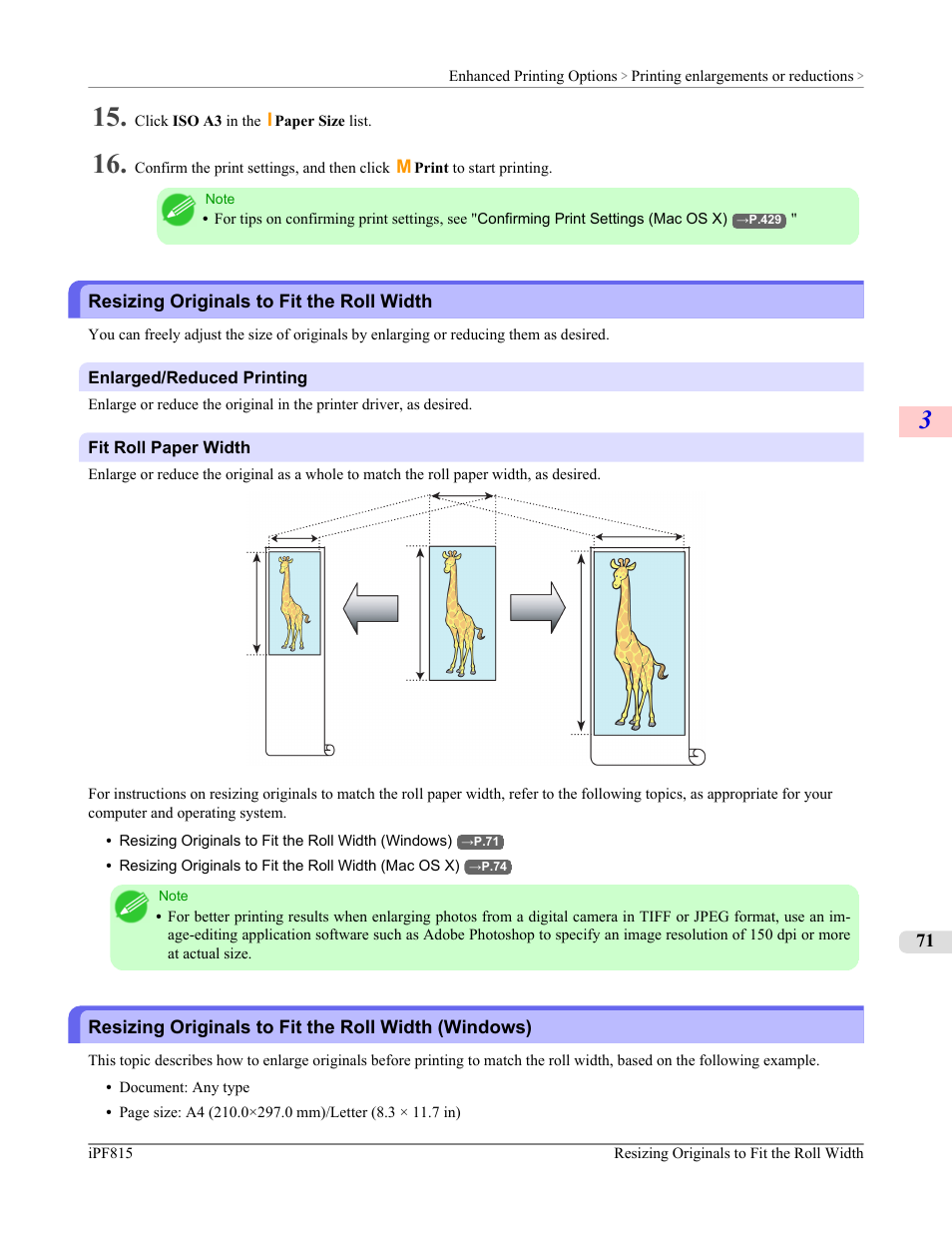 Resizing originals to fit the roll width, Resizing originals to fit the roll width (windows), See "resizing originals to fit the roll width.") | P.71 | Canon imagePROGRAF iPF815 User Manual | Page 87 / 960