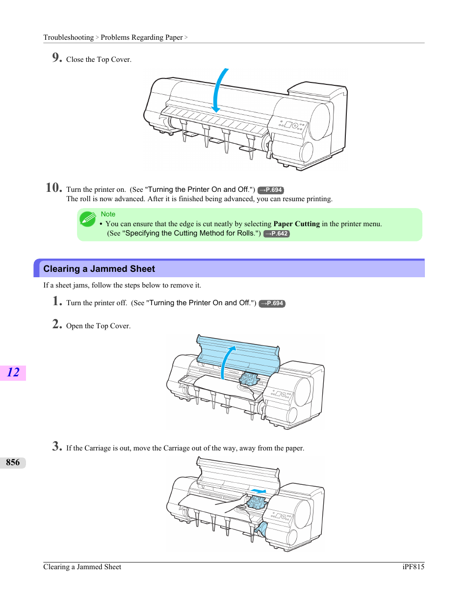 Clearing a jammed sheet | Canon imagePROGRAF iPF815 User Manual | Page 872 / 960