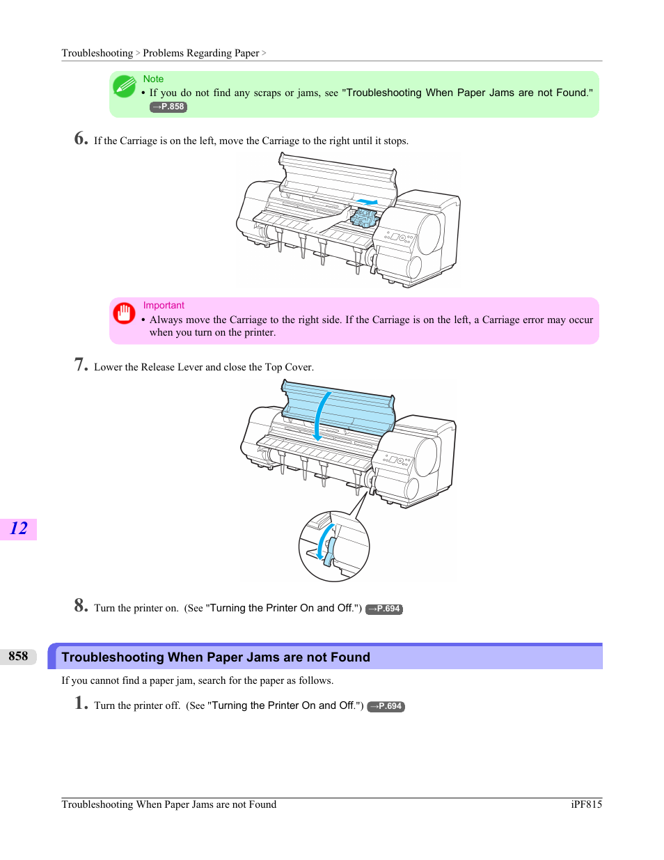 Troubleshooting when paper jams are not found, P.858 | Canon imagePROGRAF iPF815 User Manual | Page 874 / 960