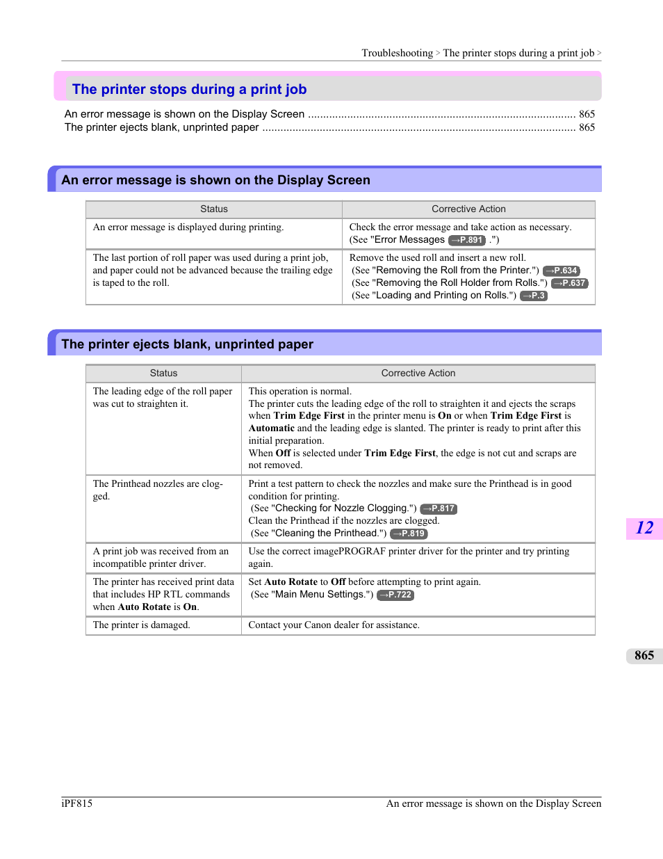 The printer stops during a print job, An error message is shown on the display screen, The printer ejects blank, unprinted paper | Canon imagePROGRAF iPF815 User Manual | Page 881 / 960
