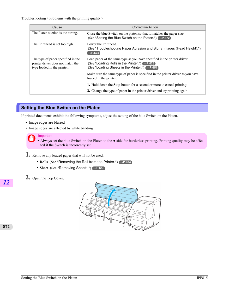 Setting the blue switch on the platen, Setting the blue switch on the platen."), P.872 | See "setting, The blue switch on the platen.") | Canon imagePROGRAF iPF815 User Manual | Page 888 / 960