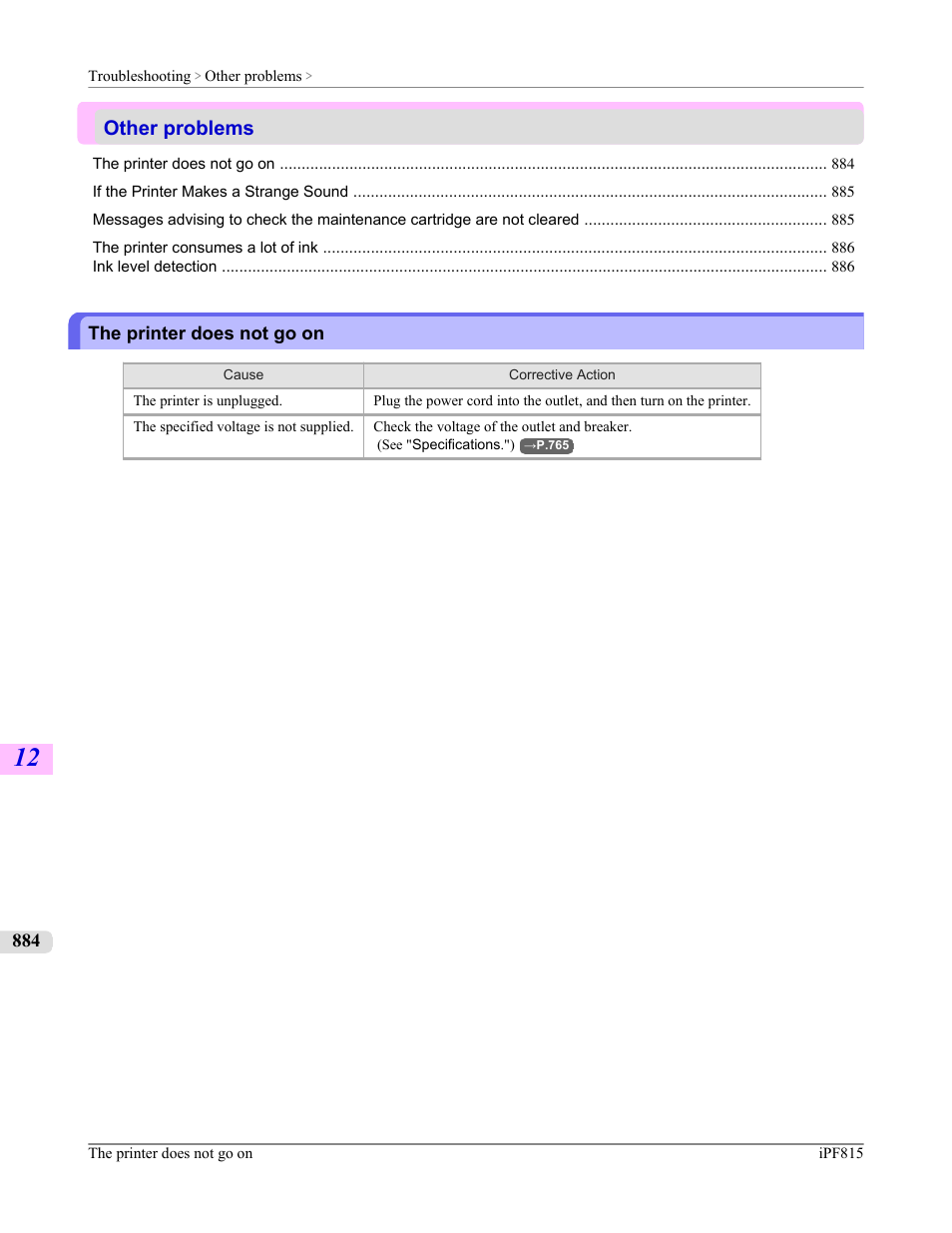 Other problems, The printer does not go on | Canon imagePROGRAF iPF815 User Manual | Page 900 / 960