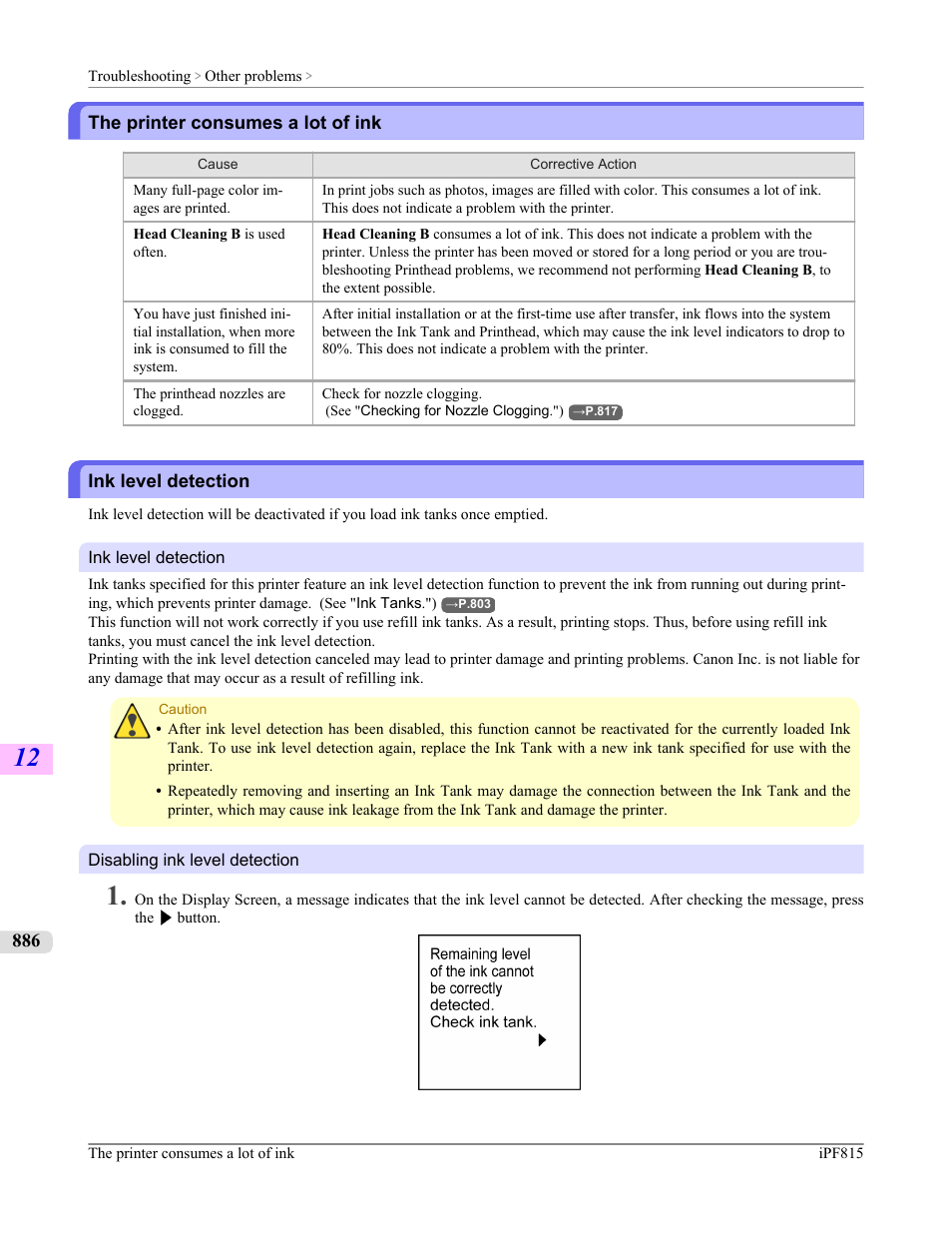 The printer consumes a lot of ink, Ink level detection | Canon imagePROGRAF iPF815 User Manual | Page 902 / 960