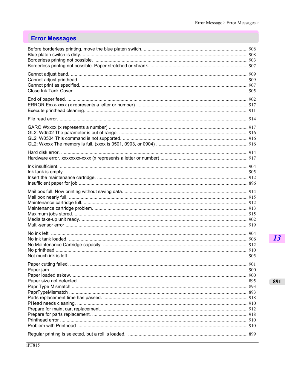 Error messages, Error messag- es, P.891 | Canon imagePROGRAF iPF815 User Manual | Page 907 / 960