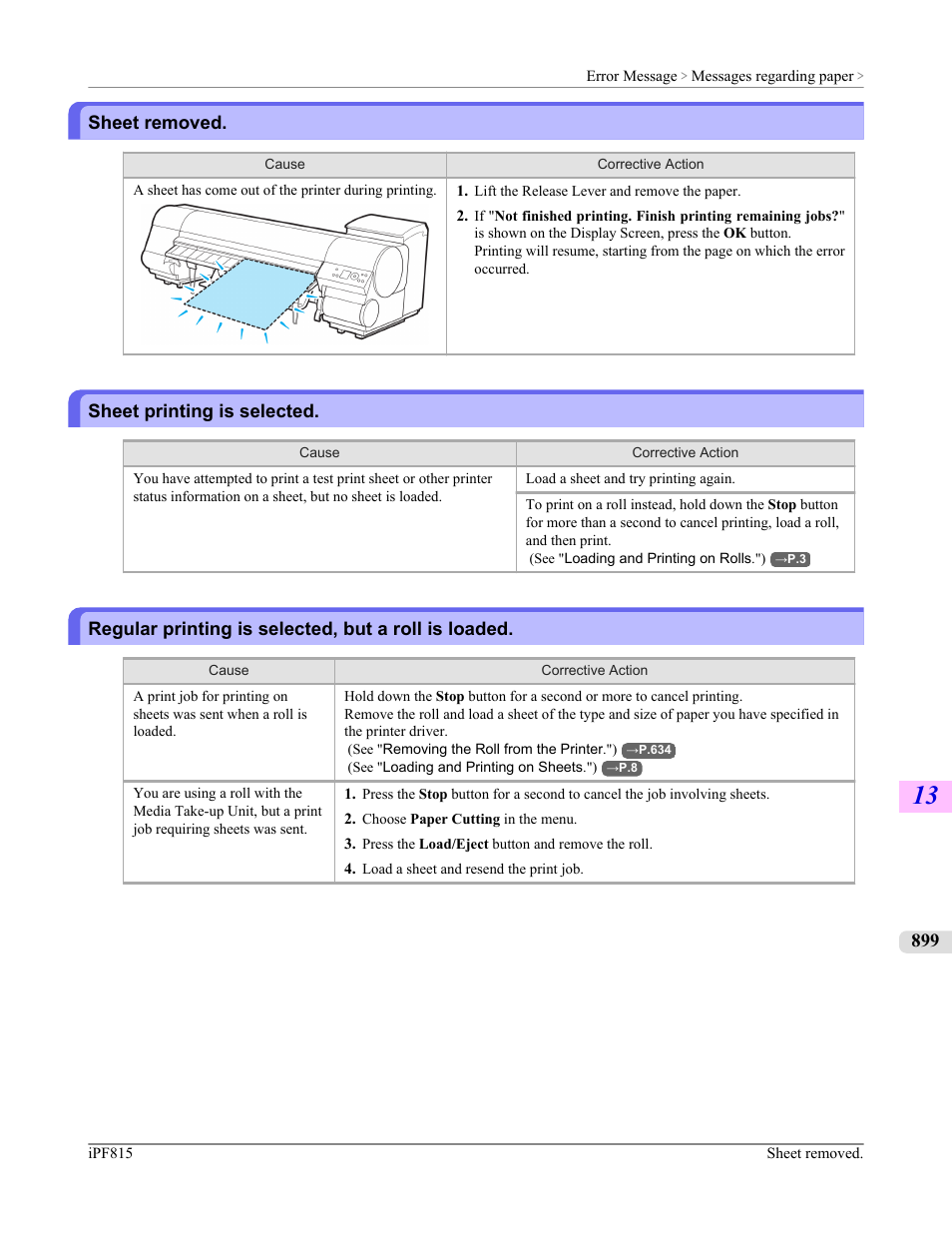 Sheet removed, Sheet printing is selected, Regular printing is selected, but a roll is loaded | Sheet printing is selected sheet removed | Canon imagePROGRAF iPF815 User Manual | Page 915 / 960