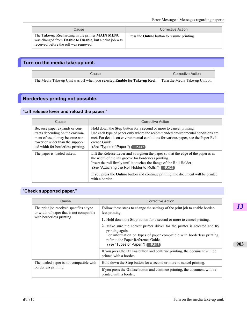 Turn on the media take-up unit, Borderless printng not possible | Canon imagePROGRAF iPF815 User Manual | Page 919 / 960
