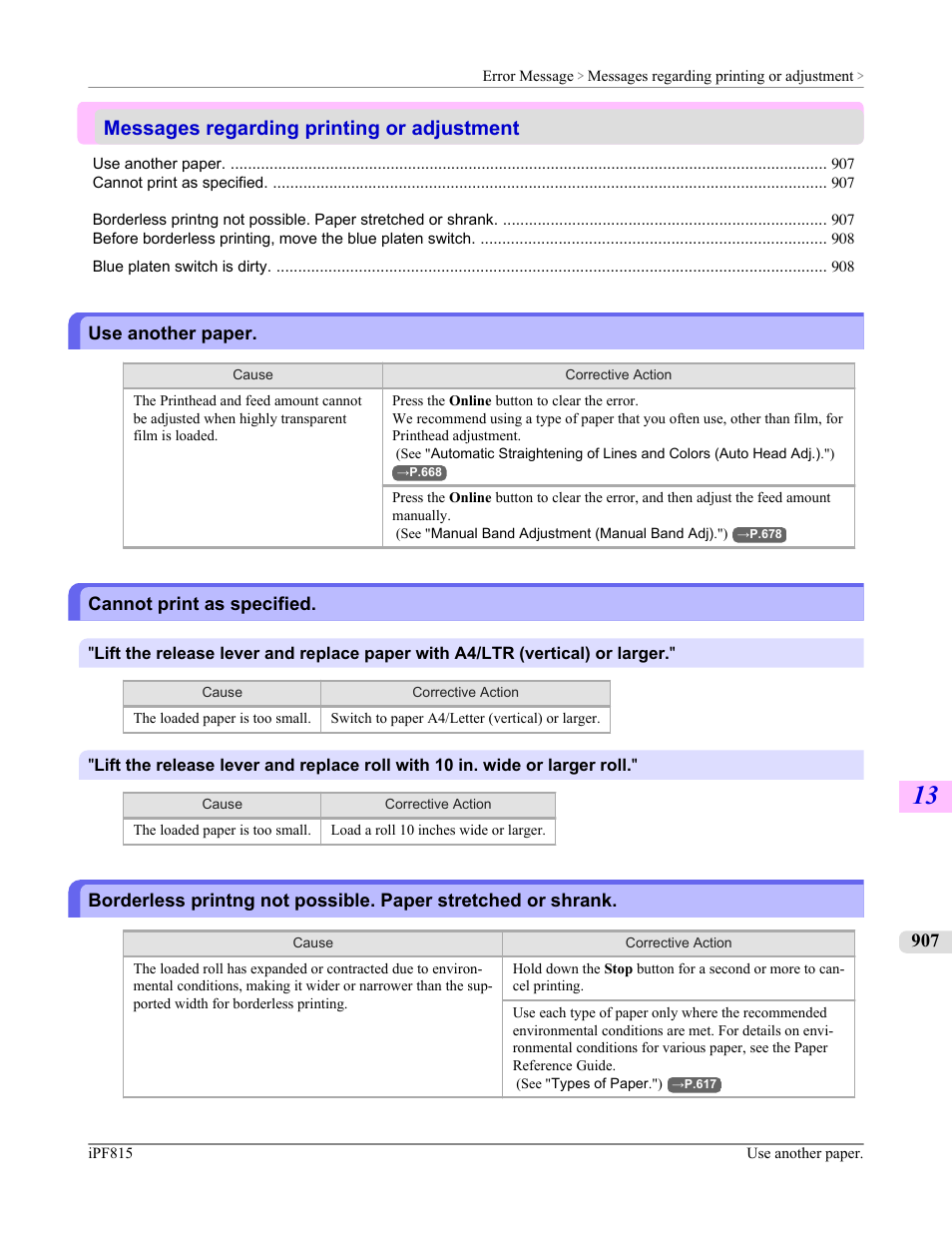 Messages regarding printing or adjustment, Use another paper, Cannot print as specified | Canon imagePROGRAF iPF815 User Manual | Page 923 / 960