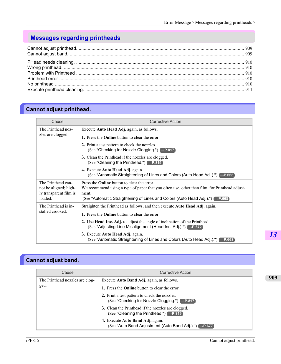 Messages regarding printheads, Cannot adjust printhead, Cannot adjust band | Cannot adjust printhead cannot adjust band, Cannot adjust band cannot adjust printhead | Canon imagePROGRAF iPF815 User Manual | Page 925 / 960