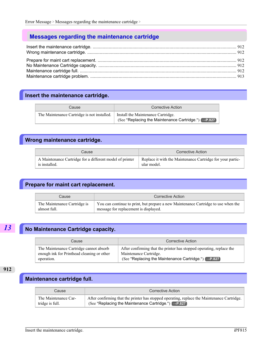 Messages regarding the maintenance cartridge, Insert the maintenance cartridge, Wrong maintenance cartridge | Prepare for maint cart replacement, No maintenance cartridge capacity, Maintenance cartridge full | Canon imagePROGRAF iPF815 User Manual | Page 928 / 960
