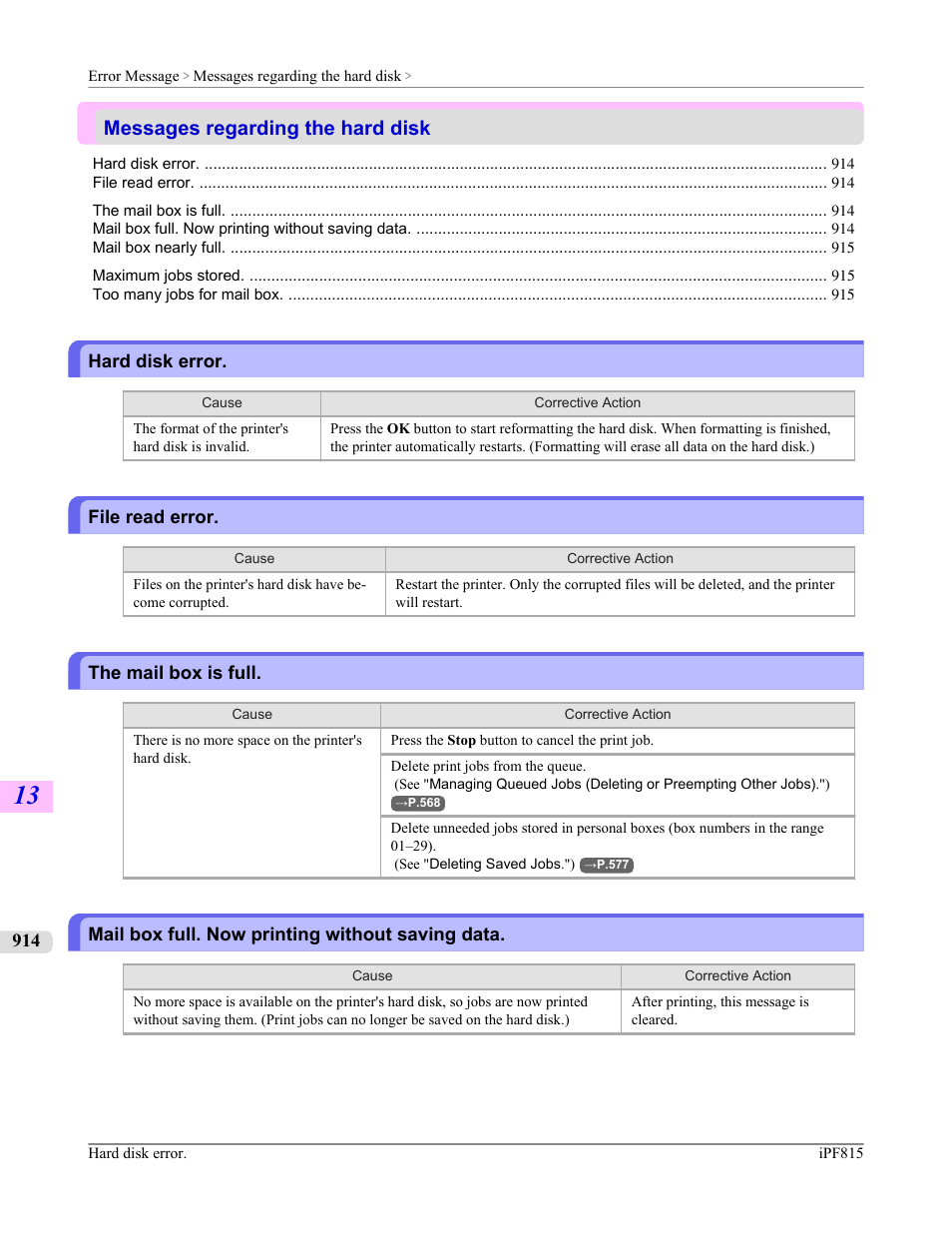 Messages regarding the hard disk, Hard disk error, File read error | The mail box is full, Mail box full. now printing without saving data | Canon imagePROGRAF iPF815 User Manual | Page 930 / 960