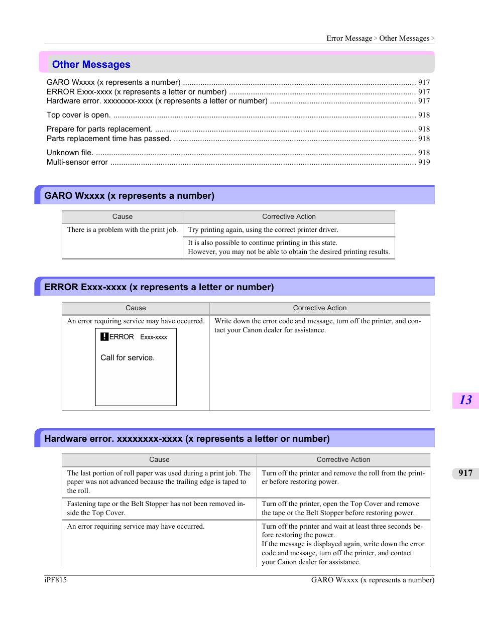 Other messages, Garo wxxxx (x represents a number), Error exxx-xxxx (x represents a letter or number) | Canon imagePROGRAF iPF815 User Manual | Page 933 / 960