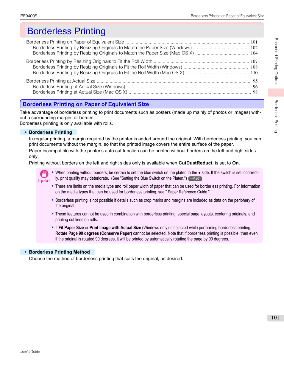 Borderless printing, Borderless printing on paper of equivalent size, P.101 | Canon imagePROGRAF iPF9400S User Manual | Page 101 / 972