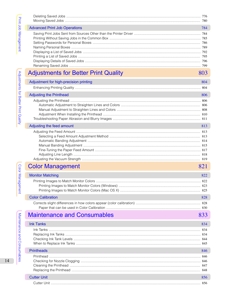 Adjustments for better print quality 803, Color management 821, Maintenance and consumables 833 | Canon imagePROGRAF iPF9400S User Manual | Page 14 / 972