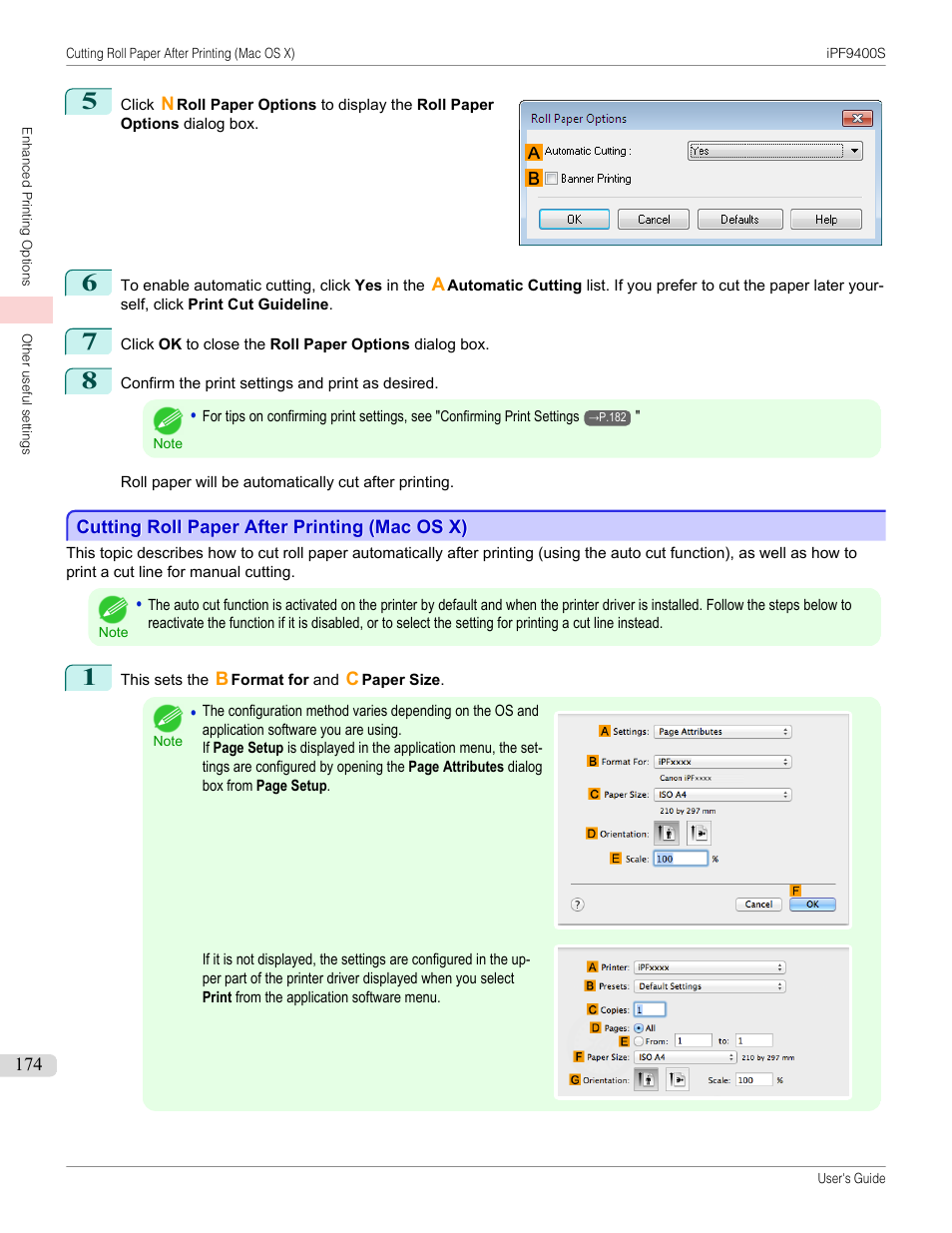 Cutting roll paper after printing (mac os x), P.174 | Canon imagePROGRAF iPF9400S User Manual | Page 174 / 972