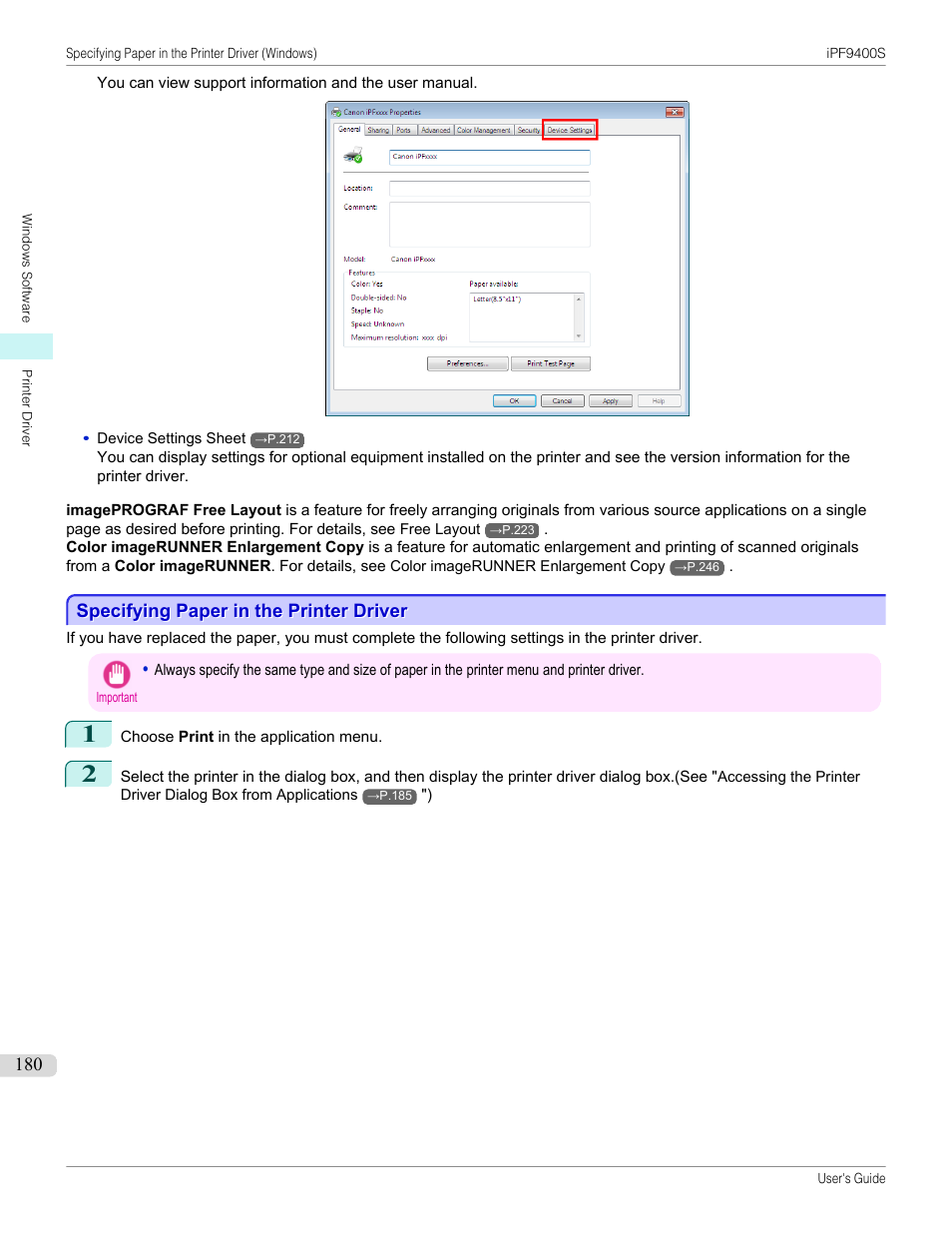 Specifying paper in the printer driver, Specifying paper in the printer driver (windows), P.180 | Driver (windows) | Canon imagePROGRAF iPF9400S User Manual | Page 180 / 972