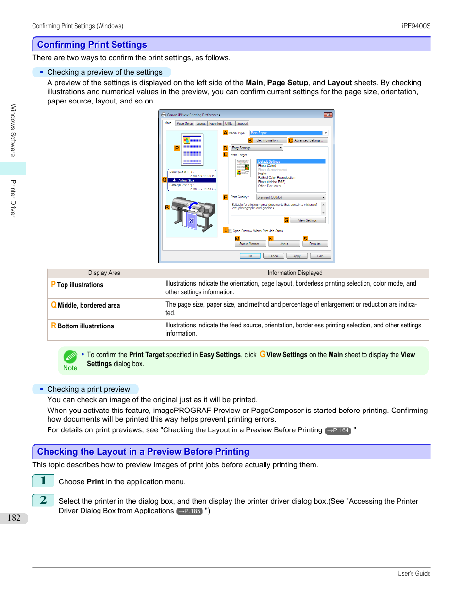 Confirming print settings, Checking the layout in a preview before printing, See "confirming print settings | P.182 | Canon imagePROGRAF iPF9400S User Manual | Page 182 / 972