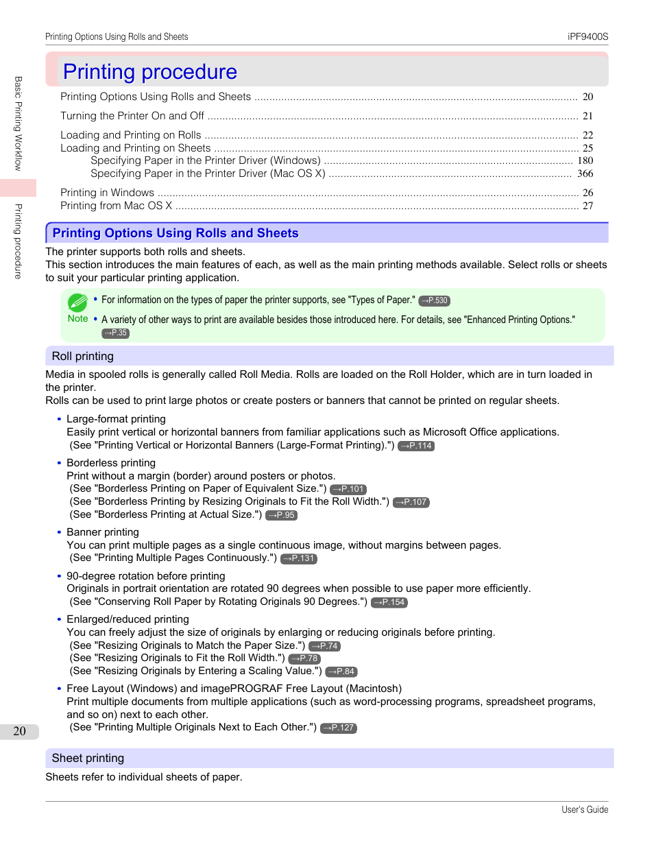 Printing procedure, Printing options using rolls and sheets | Canon imagePROGRAF iPF9400S User Manual | Page 20 / 972